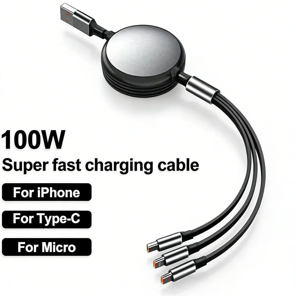 Retractable 3-in-1 Fast Charging Cable | iPhone, USB-C & Micro USB