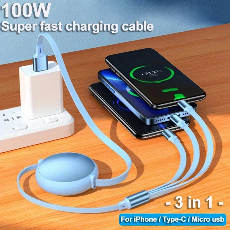 Retractable 3-in-1 Fast Charging Cable | iPhone, USB-C & Micro USB
